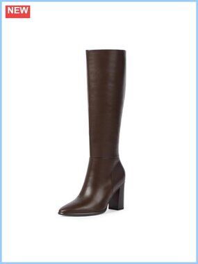 Faux Leather Knee High Boots Pointed Toe Chunky Heel Tall Boots